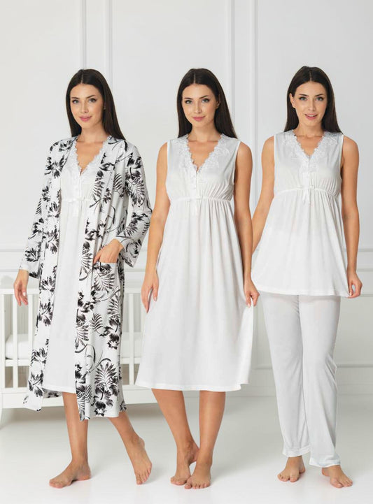 White 4-piece maternity set by Mini Plum, floral robe 4-piece – nursing & breastfeeding nightwear, postpartum, hospital bag ready