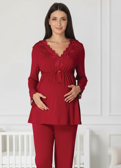 Cherry Red maternity pyjamas by Mini Plum – nursing maternity nightwear, breastfeeding button-down, hospital bag & baby shower gift