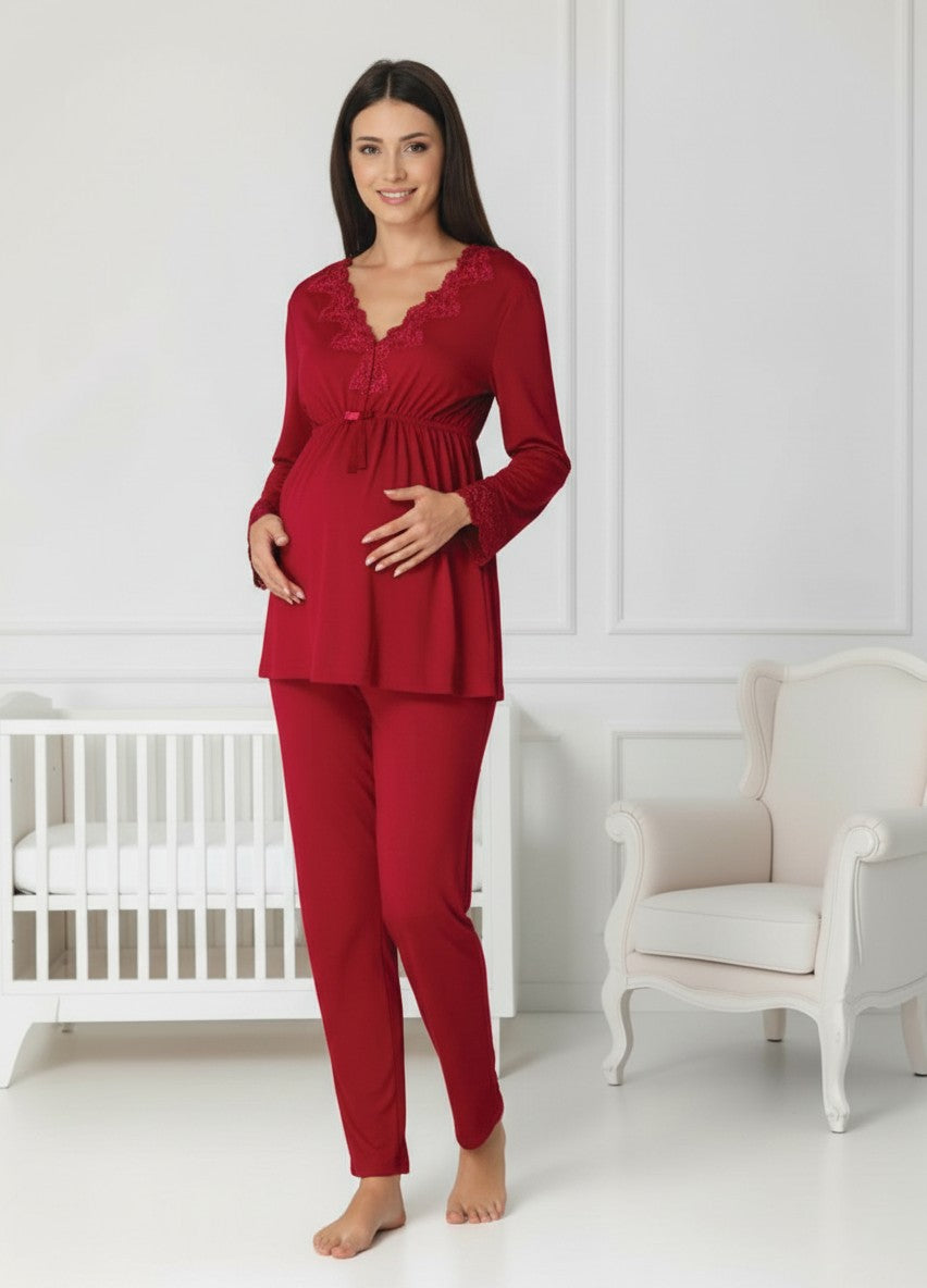 Cherry Red maternity pyjamas by Mini Plum – nursing maternity nightwear, breastfeeding button-down, hospital bag & baby shower gift
