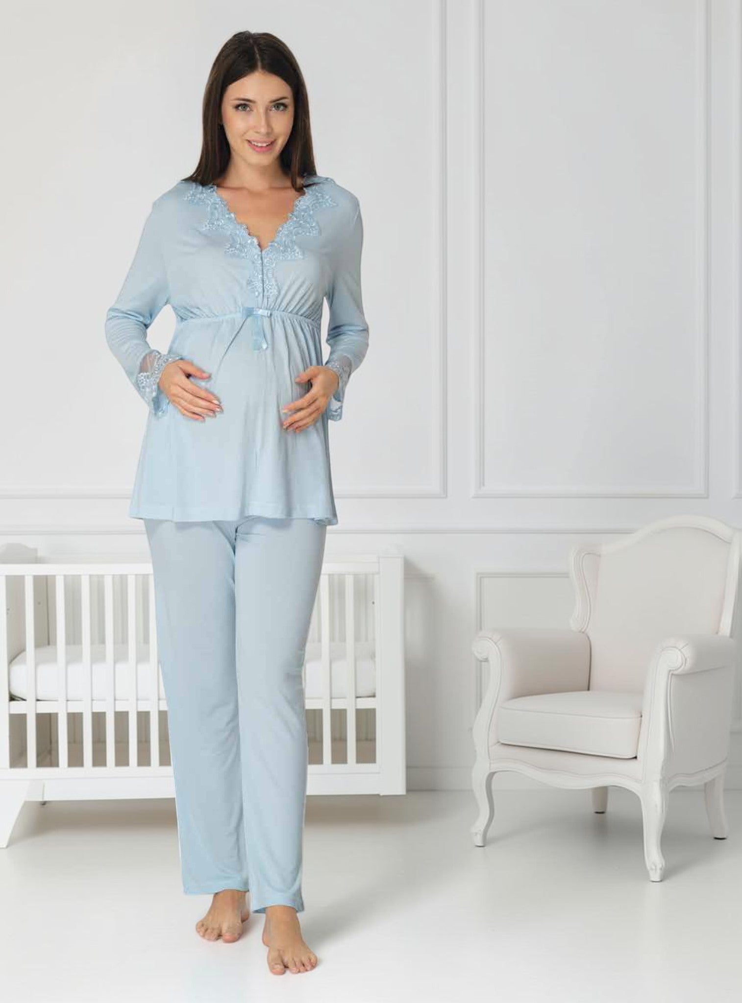 Gray maternity pyjamas by Mini Plum – nursing maternity nightwear, breastfeeding button-down, hospital bag & baby shower gift