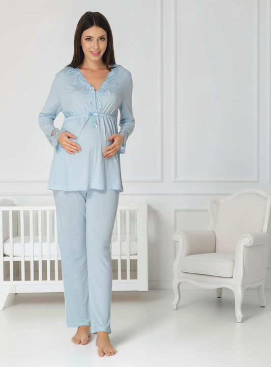 Gray maternity pyjamas by Mini Plum, long sleeve lace v-neck – nursing & breastfeeding nightwear, postpartum, hospital bag ready