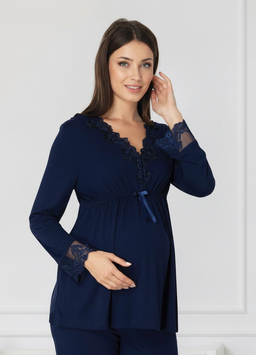 Navy maternity pyjamas by Mini Plum – nursing maternity nightwear, breastfeeding button-down, hospital bag & baby shower gift