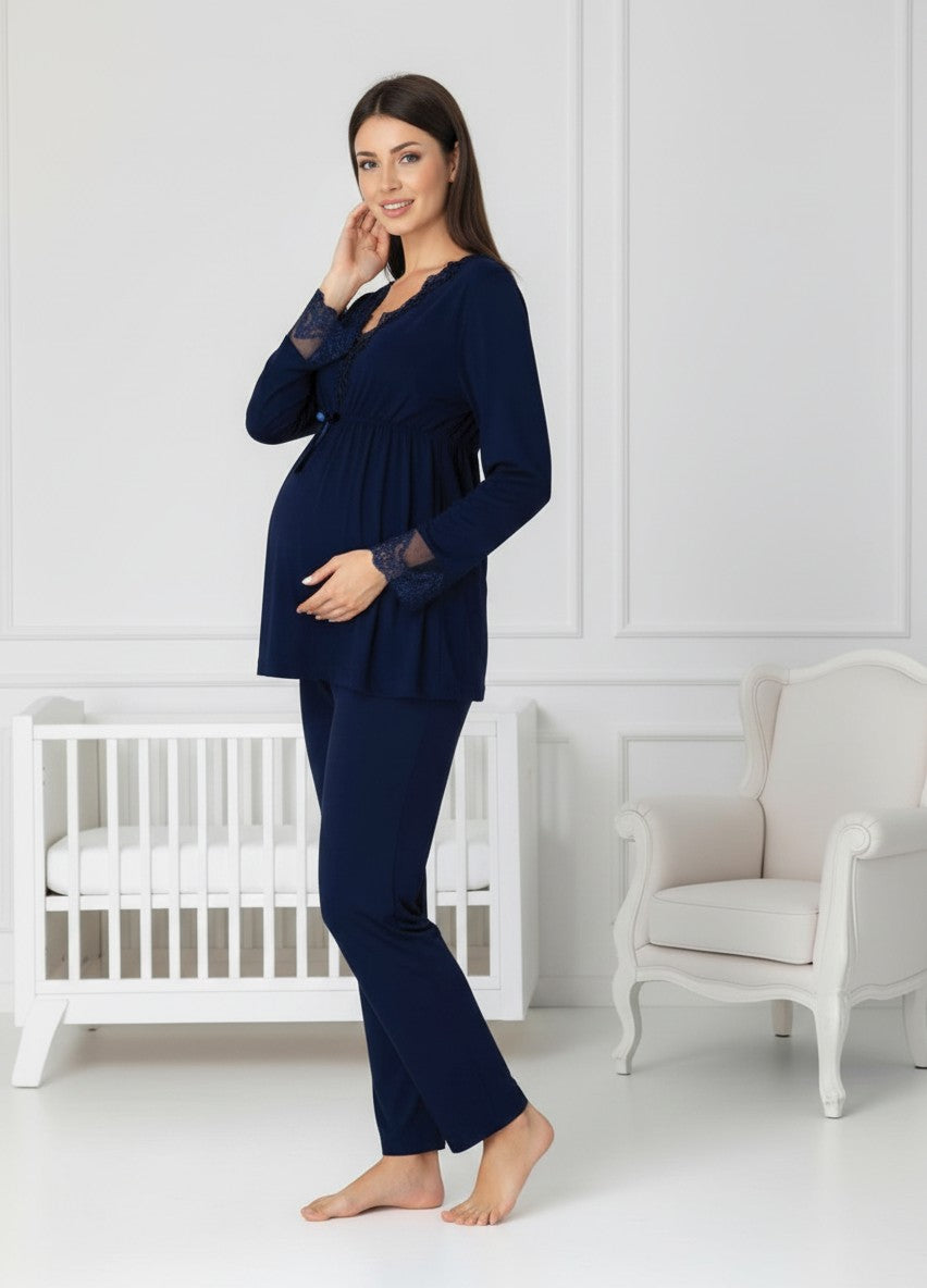 Navy maternity pyjamas by Mini Plum – nursing maternity nightwear, breastfeeding button-down, hospital bag & baby shower gift