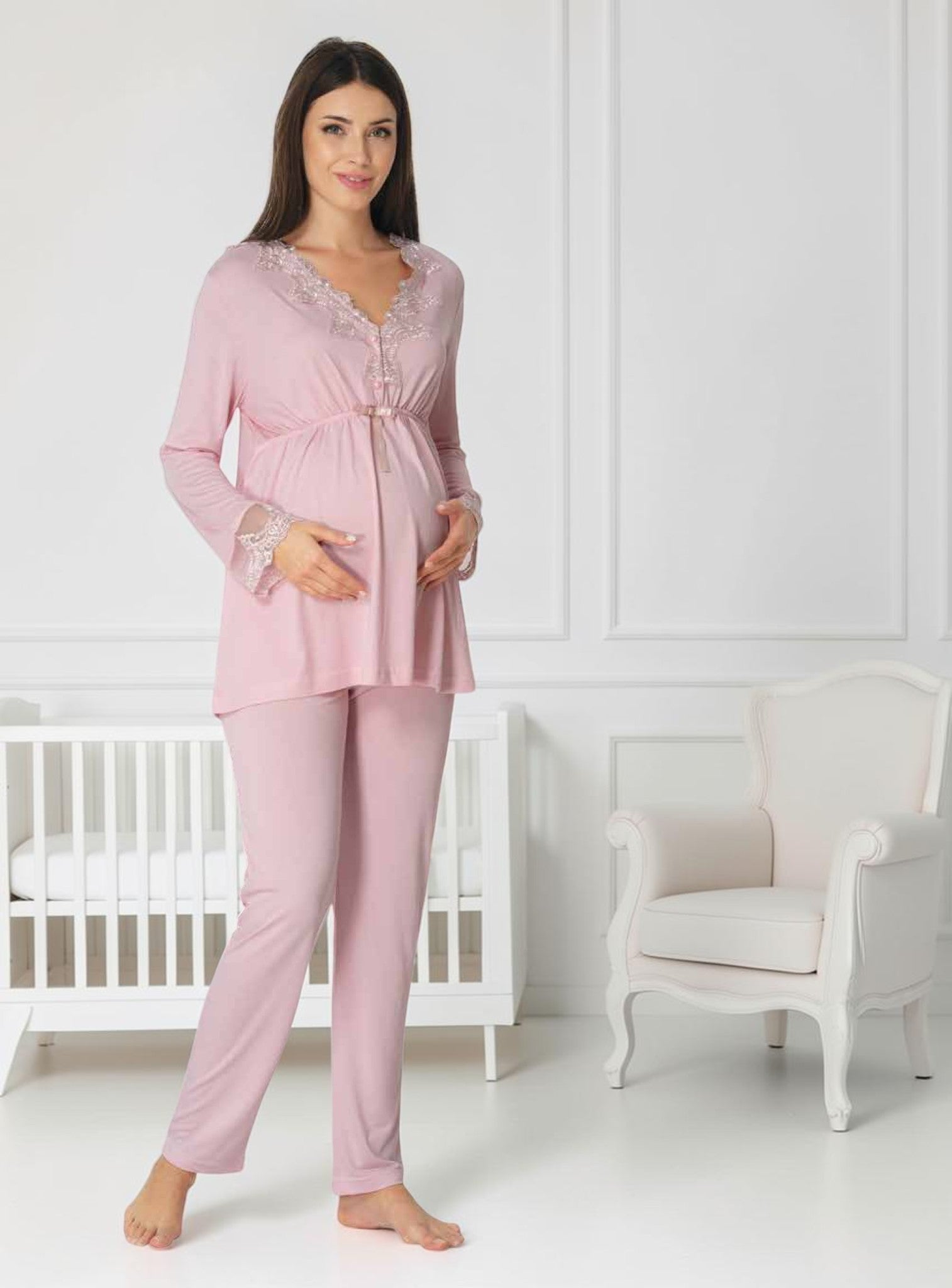 Pink maternity pyjamas by Mini Plum – nursing maternity nightwear, breastfeeding button-down, hospital bag & baby shower gift
