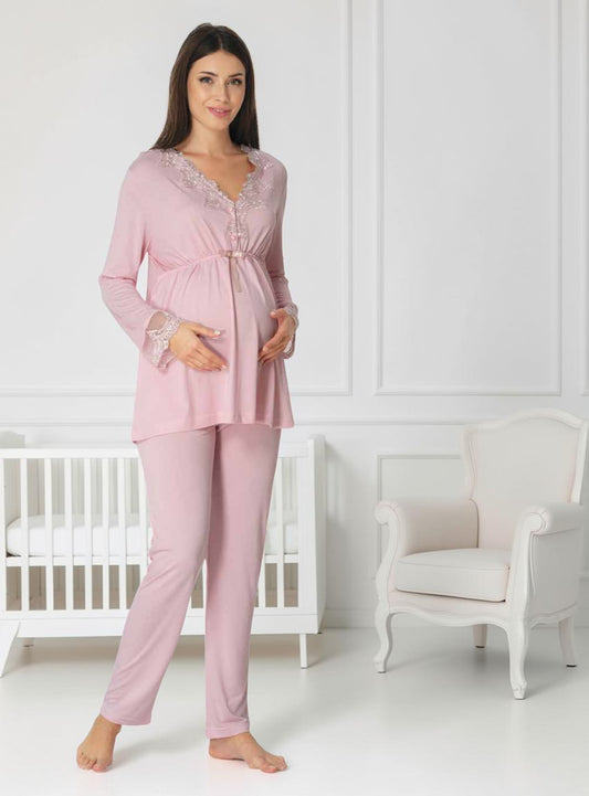 Pink maternity pyjamas by Mini Plum, long sleeve lace v-neck – nursing & breastfeeding nightwear, postpartum, hospital bag ready