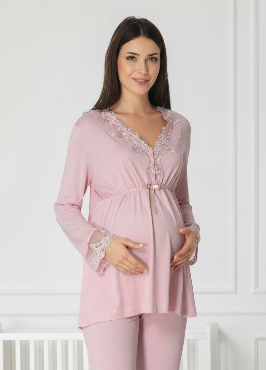 Pink maternity pyjamas by Mini Plum – nursing maternity nightwear, breastfeeding button-down, hospital bag & baby shower gift