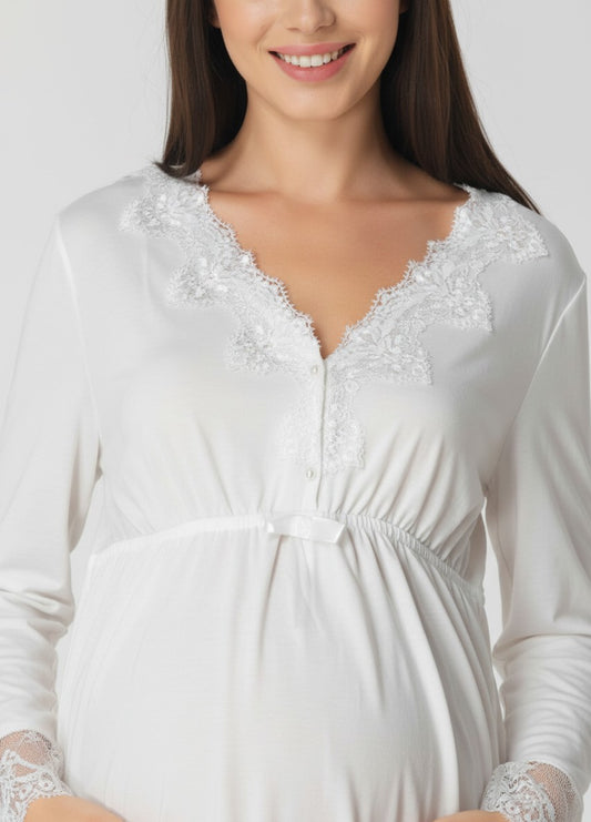White maternity pyjamas by Mini Plum, long sleeve lace v-neck – nursing & breastfeeding nightwear, postpartum, hospital bag ready