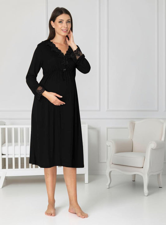 Black maternity nightie by Mini Plum, long sleeve lace nightie – nursing & breastfeeding nightwear, postpartum, hospital bag ready