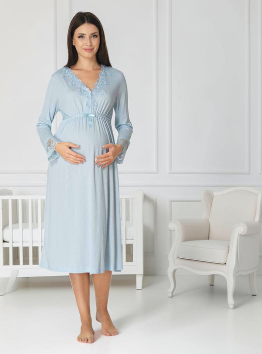 Blue maternity nightie by Mini Plum, long sleeve lace nightie – nursing & breastfeeding nightwear, postpartum, hospital bag ready
