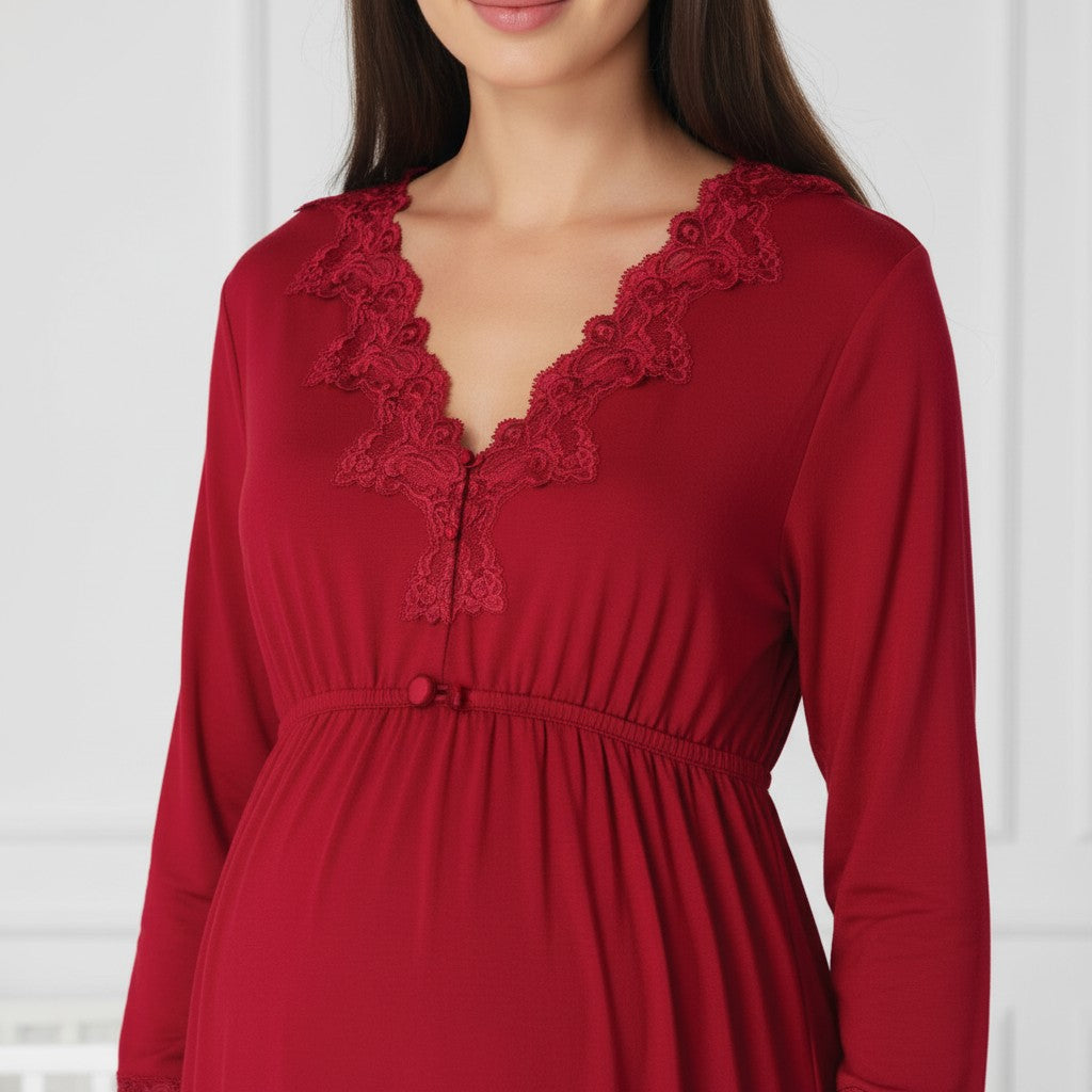 Cherry Red maternity nightie by Mini Plum – nursing maternity nightwear, breastfeeding button-down, hospital bag & baby shower gift