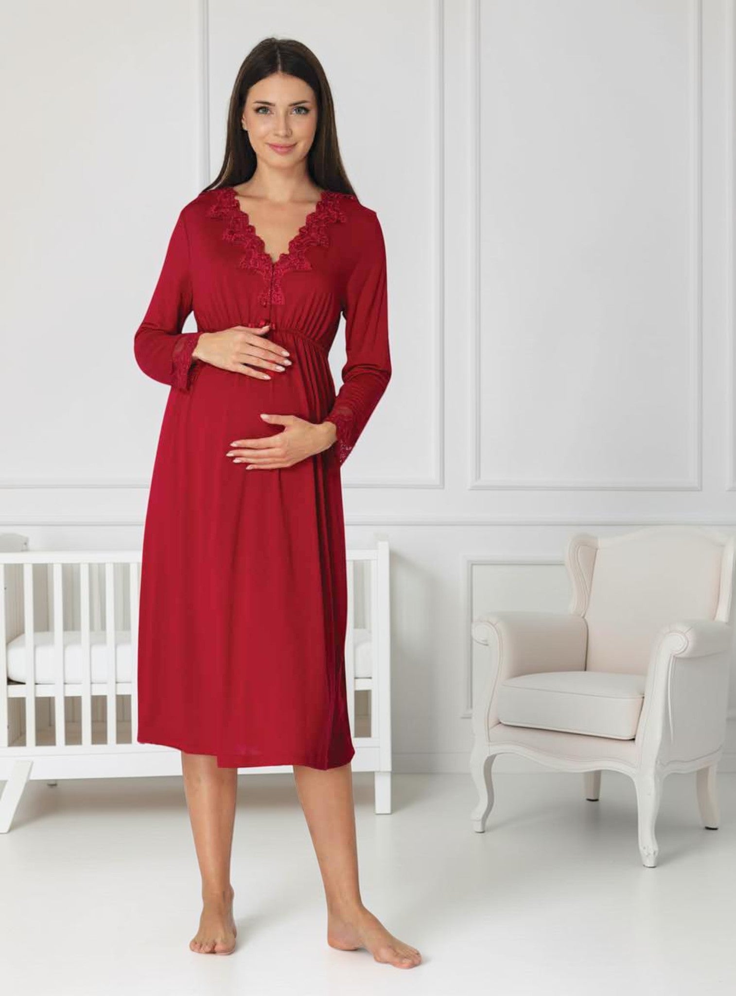 Cherry Red maternity nightie by Mini Plum, long sleeve lace nightie – nursing & breastfeeding nightwear, postpartum, hospital bag ready