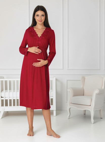 Cherry Red maternity nightie by Mini Plum, long sleeve lace nightie – nursing & breastfeeding nightwear, postpartum, hospital bag ready