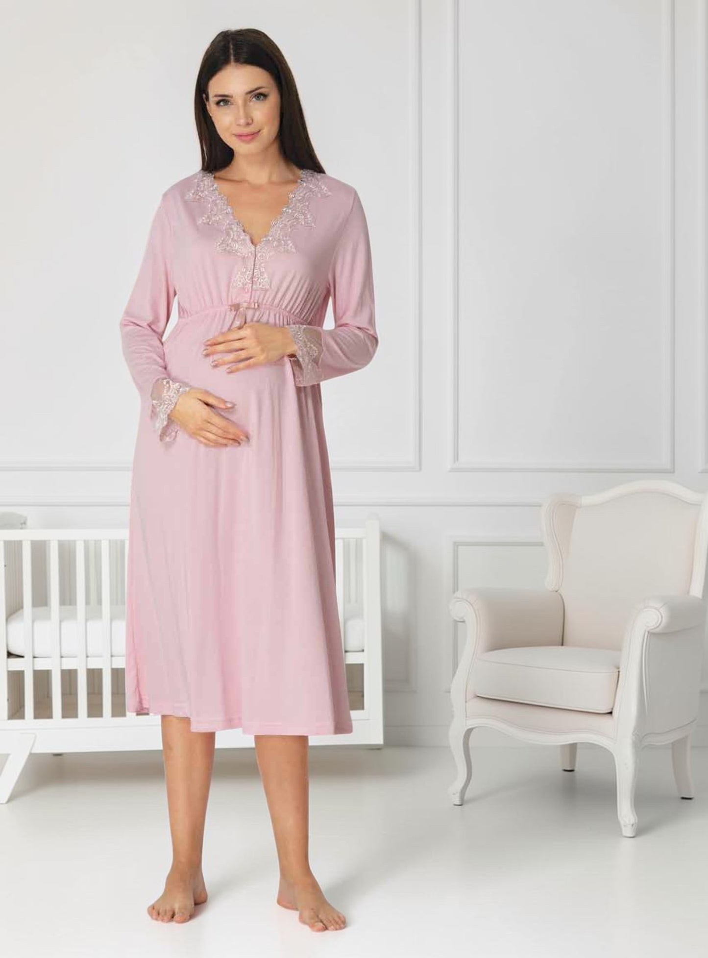 Light Pink maternity nightie by Mini Plum, long sleeve lace nightie – nursing & breastfeeding nightwear, postpartum, hospital bag ready