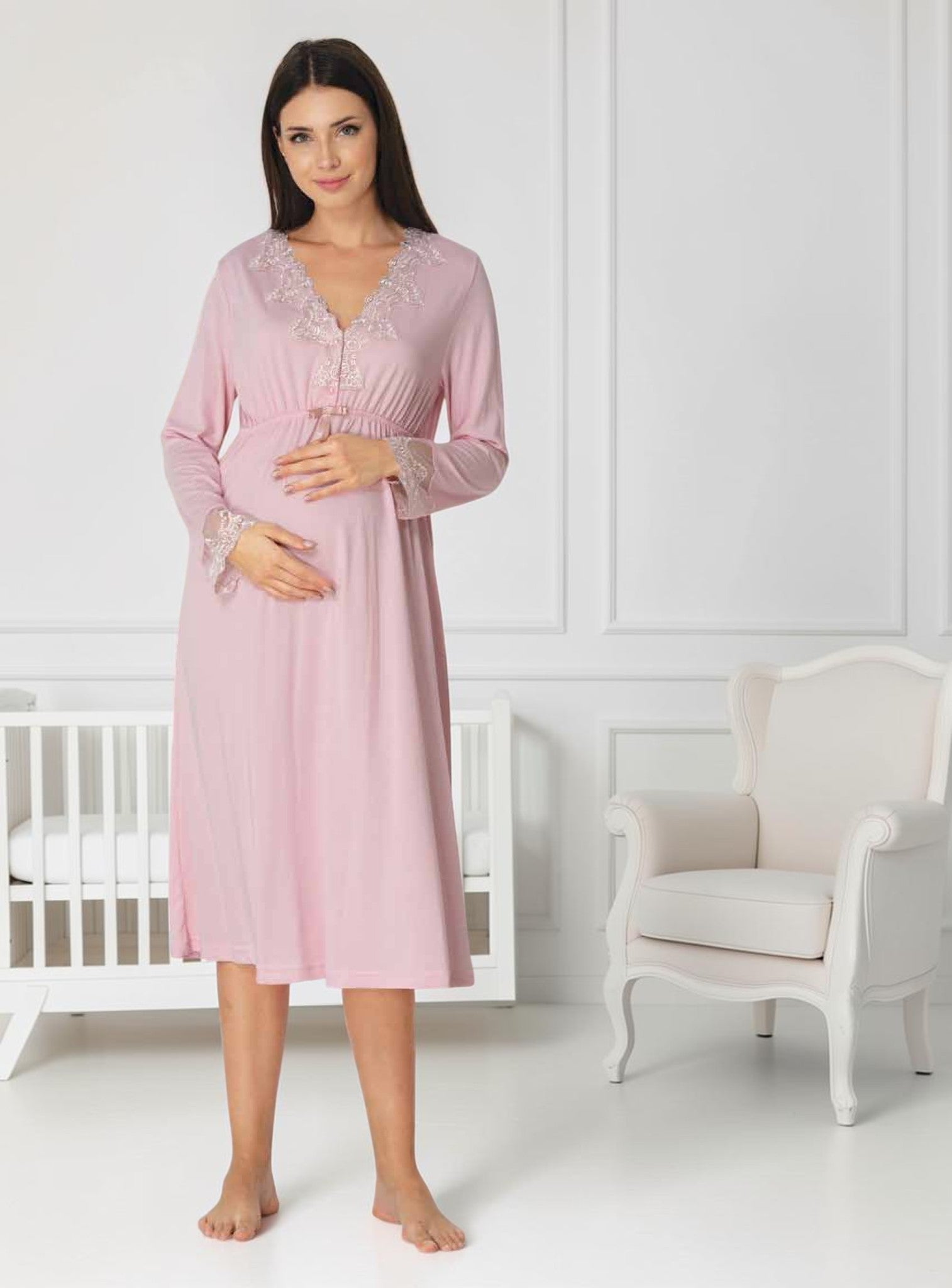 Light Pink maternity nightie by Mini Plum, long sleeve lace nightie – nursing & breastfeeding nightwear, postpartum, hospital bag ready