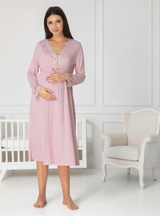 Light Pink maternity nightie by Mini Plum, long sleeve lace nightie – nursing & breastfeeding nightwear, postpartum, hospital bag ready