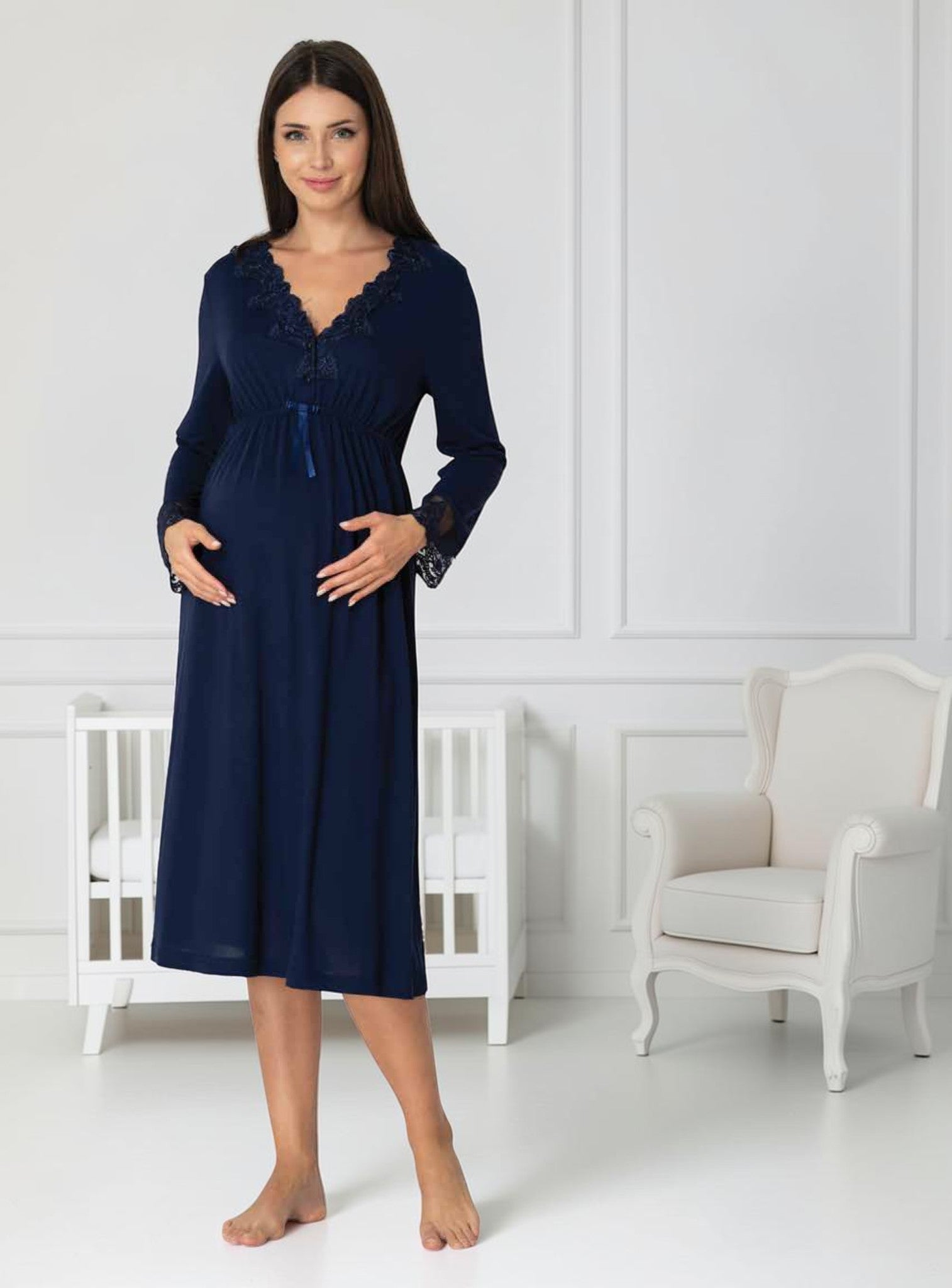 Navy maternity nightie by Mini Plum – nursing maternity nightwear, breastfeeding button-down, hospital bag & baby shower gift