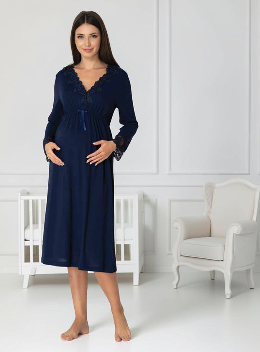 Navy maternity nightie by Mini Plum, long sleeve lace nightie – nursing & breastfeeding nightwear, postpartum, hospital bag ready