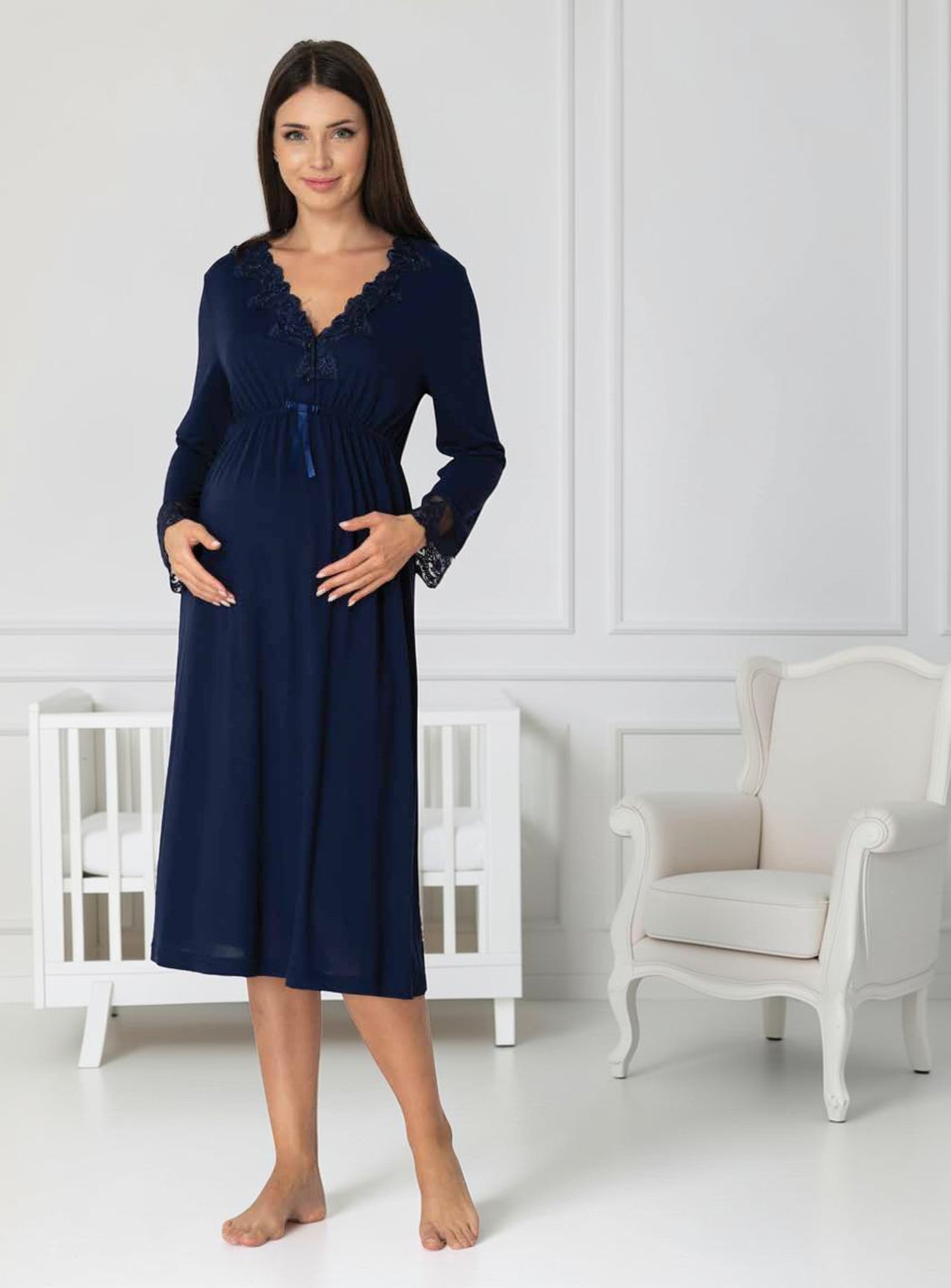 Navy maternity nightie by Mini Plum, long sleeve lace nightie – nursing & breastfeeding nightwear, postpartum, hospital bag ready