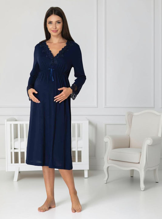 Navy maternity nightie by Mini Plum, long sleeve lace nightie – nursing & breastfeeding nightwear, postpartum, hospital bag ready