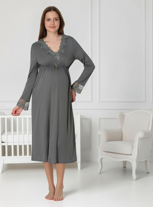 Smoke Grey maternity nightie by Mini Plum, long sleeve lace nightie – nursing & breastfeeding nightwear, postpartum, hospital bag ready