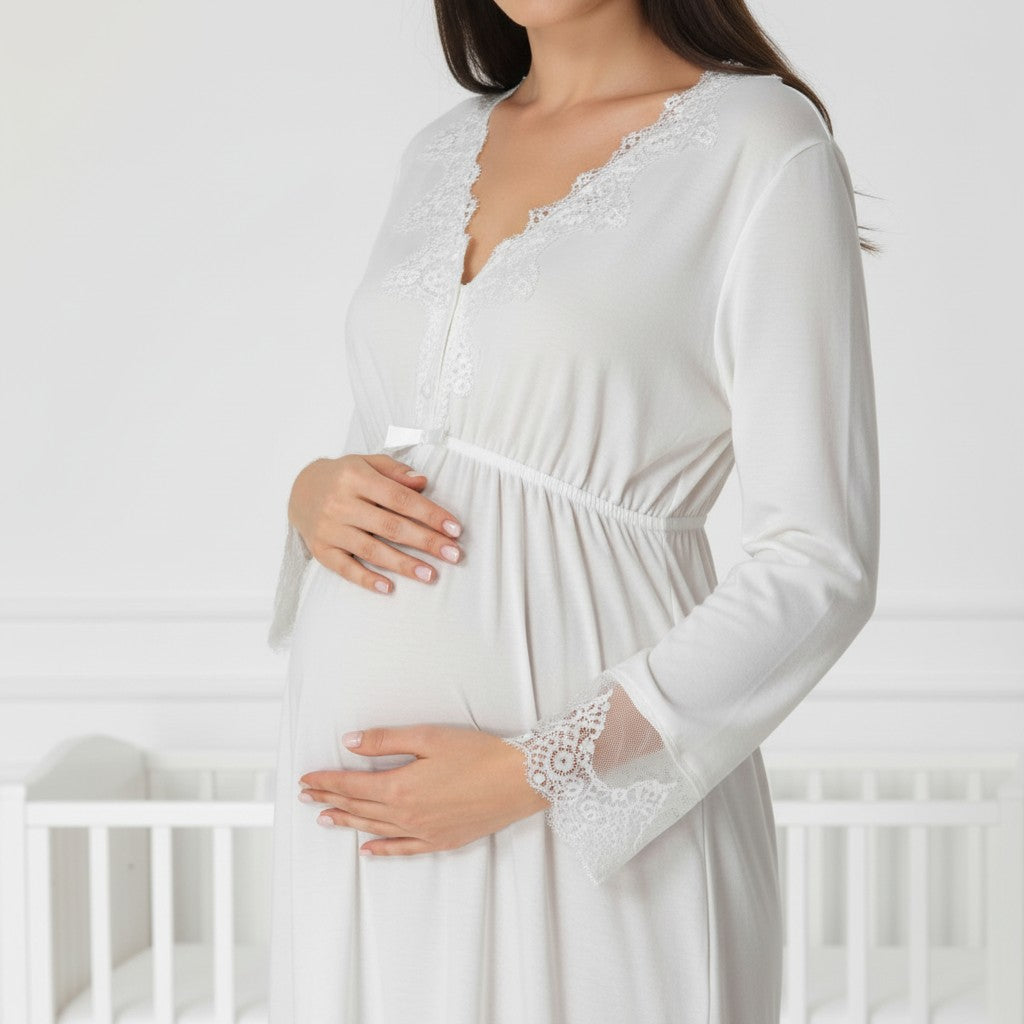 White maternity nightie by Mini Plum – nursing maternity nightwear, breastfeeding button-down, hospital bag & baby shower gift