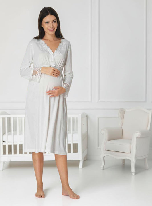 White maternity nightie by Mini Plum, long sleeve lace nightie – nursing & breastfeeding nightwear, postpartum, hospital bag ready