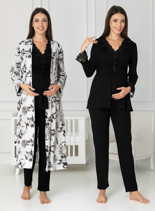 Black maternity pyjama & robe set by Mini Plum, long sleeve floral robe – nursing & breastfeeding nightwear, postpartum, hospital bag ready