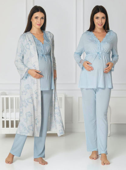 Blue maternity pyjama & robe set by Mini Plum, long sleeve floral robe – nursing & breastfeeding nightwear, postpartum, hospital bag ready