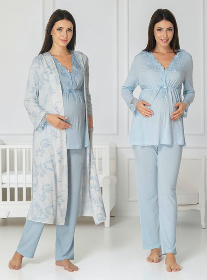 Blue maternity pyjama & robe set by Mini Plum, long sleeve floral robe – nursing & breastfeeding nightwear, postpartum, hospital bag ready