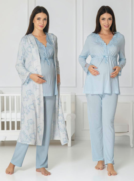 Blue maternity pyjama & robe set by Mini Plum, long sleeve floral robe – nursing & breastfeeding nightwear, postpartum, hospital bag ready
