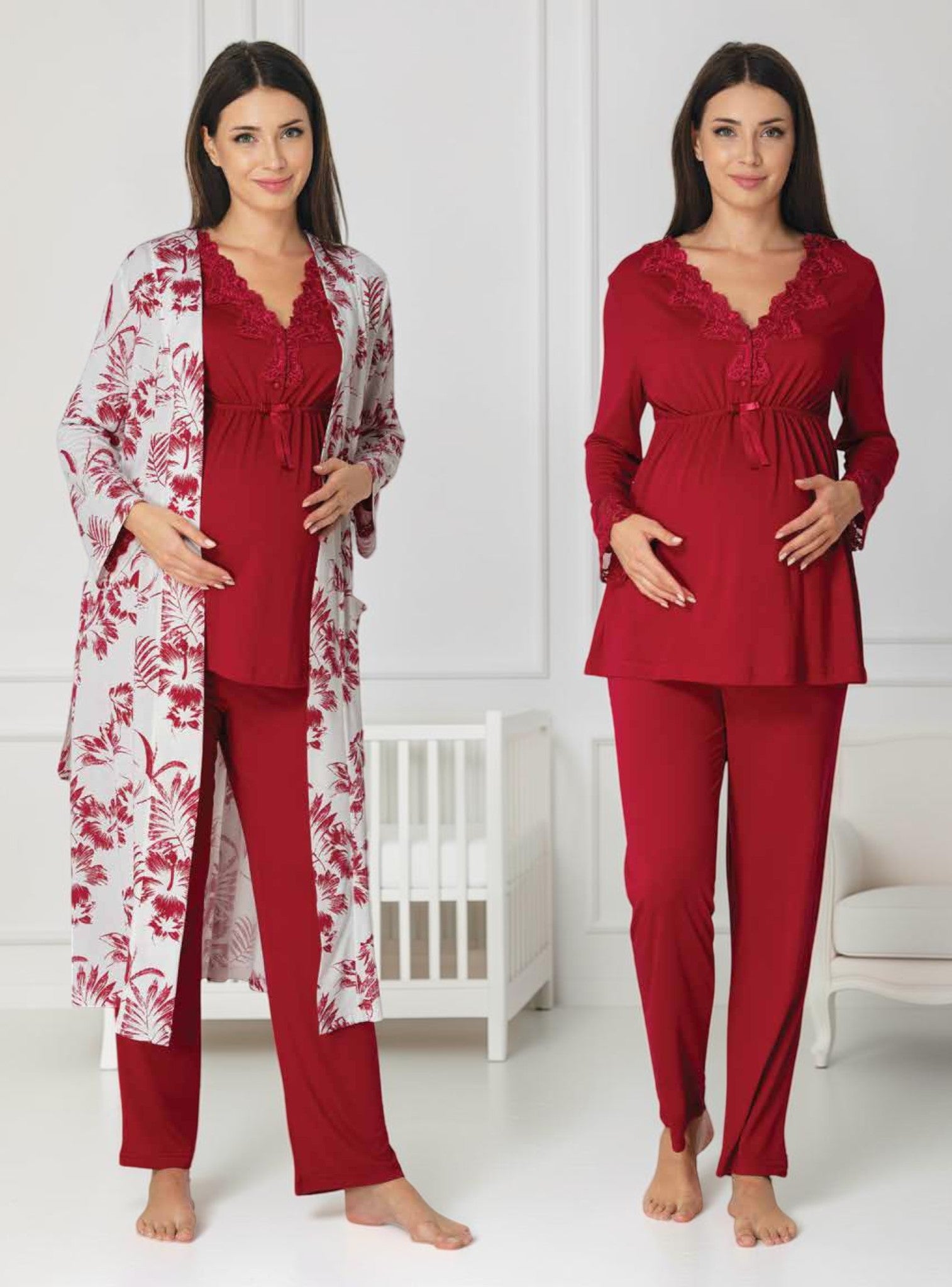 Cherry Red maternity pyjama & robe set by Mini Plum – nursing maternity nightwear, breastfeeding button-down, hospital bag & baby shower gift