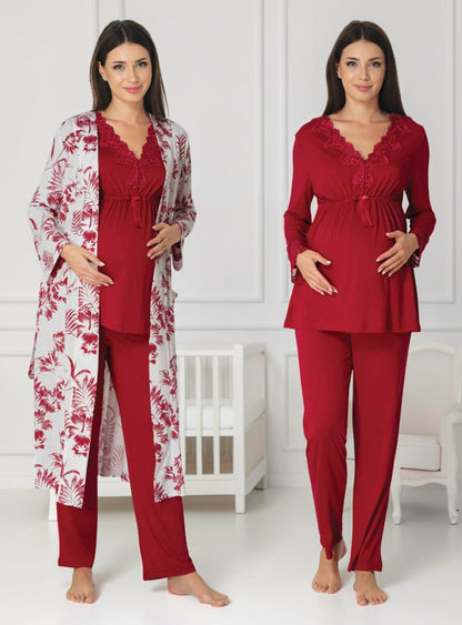 Cherry Red maternity pyjama & robe set by Mini Plum, long sleeve floral robe – nursing & breastfeeding nightwear, postpartum, hospital bag ready
