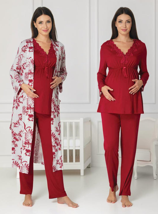 Cherry Red maternity pyjama & robe set by Mini Plum, long sleeve floral robe – nursing & breastfeeding nightwear, postpartum, hospital bag ready