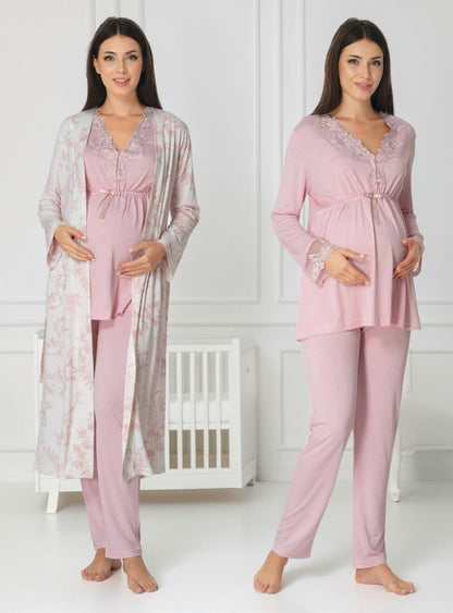 Light Pink maternity pyjama & robe set by Mini Plum, long sleeve floral robe – nursing & breastfeeding nightwear, postpartum, hospital bag ready