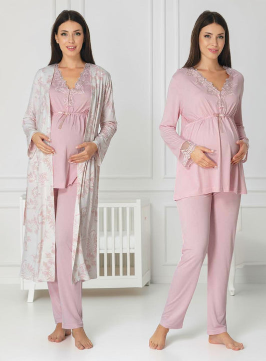 Light Pink maternity pyjama & robe set by Mini Plum, long sleeve floral robe – nursing & breastfeeding nightwear, postpartum, hospital bag ready