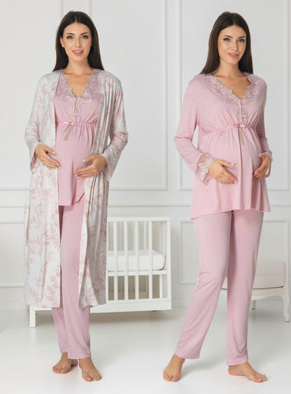 Light Pink maternity pyjama & robe set by Mini Plum, long sleeve floral robe – nursing & breastfeeding nightwear, postpartum, hospital bag ready