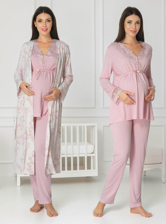 Light Pink maternity pyjama & robe set by Mini Plum, long sleeve floral robe – nursing & breastfeeding nightwear, postpartum, hospital bag ready