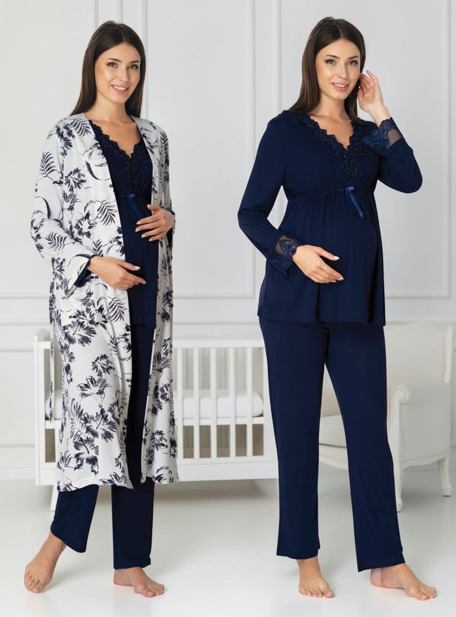 Navy maternity pyjama & robe set by Mini Plum, long sleeve floral robe – nursing & breastfeeding nightwear, postpartum, hospital bag ready