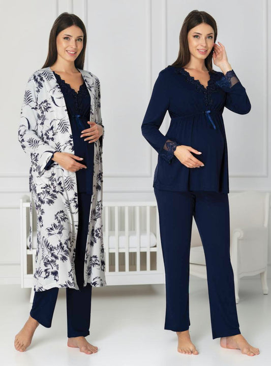 Navy maternity pyjama & robe set by Mini Plum, long sleeve floral robe – nursing & breastfeeding nightwear, postpartum, hospital bag ready