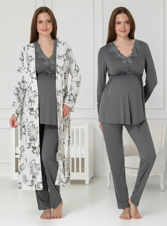 Smoke Grey maternity pyjama & robe set by Mini Plum, long sleeve floral robe – nursing & breastfeeding nightwear, postpartum, hospital bag ready