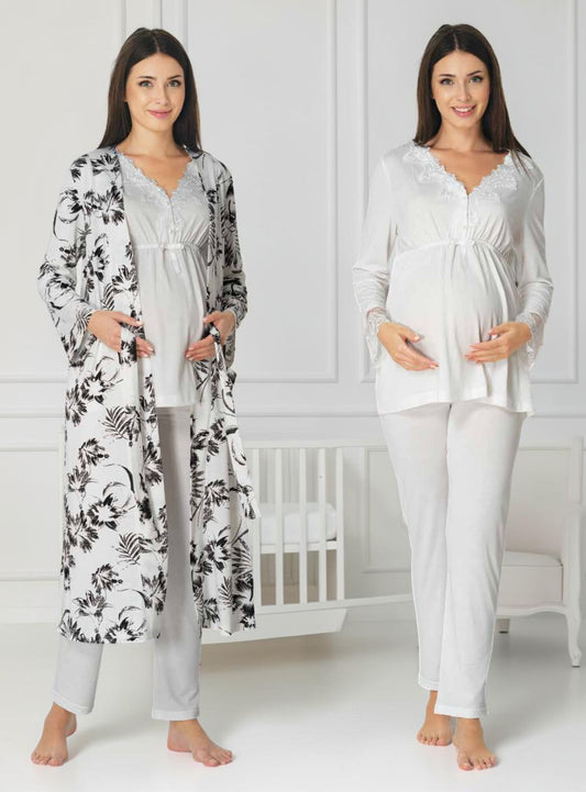 White maternity pyjama & robe set by Mini Plum, long sleeve floral robe – nursing & breastfeeding nightwear, postpartum, hospital bag ready
