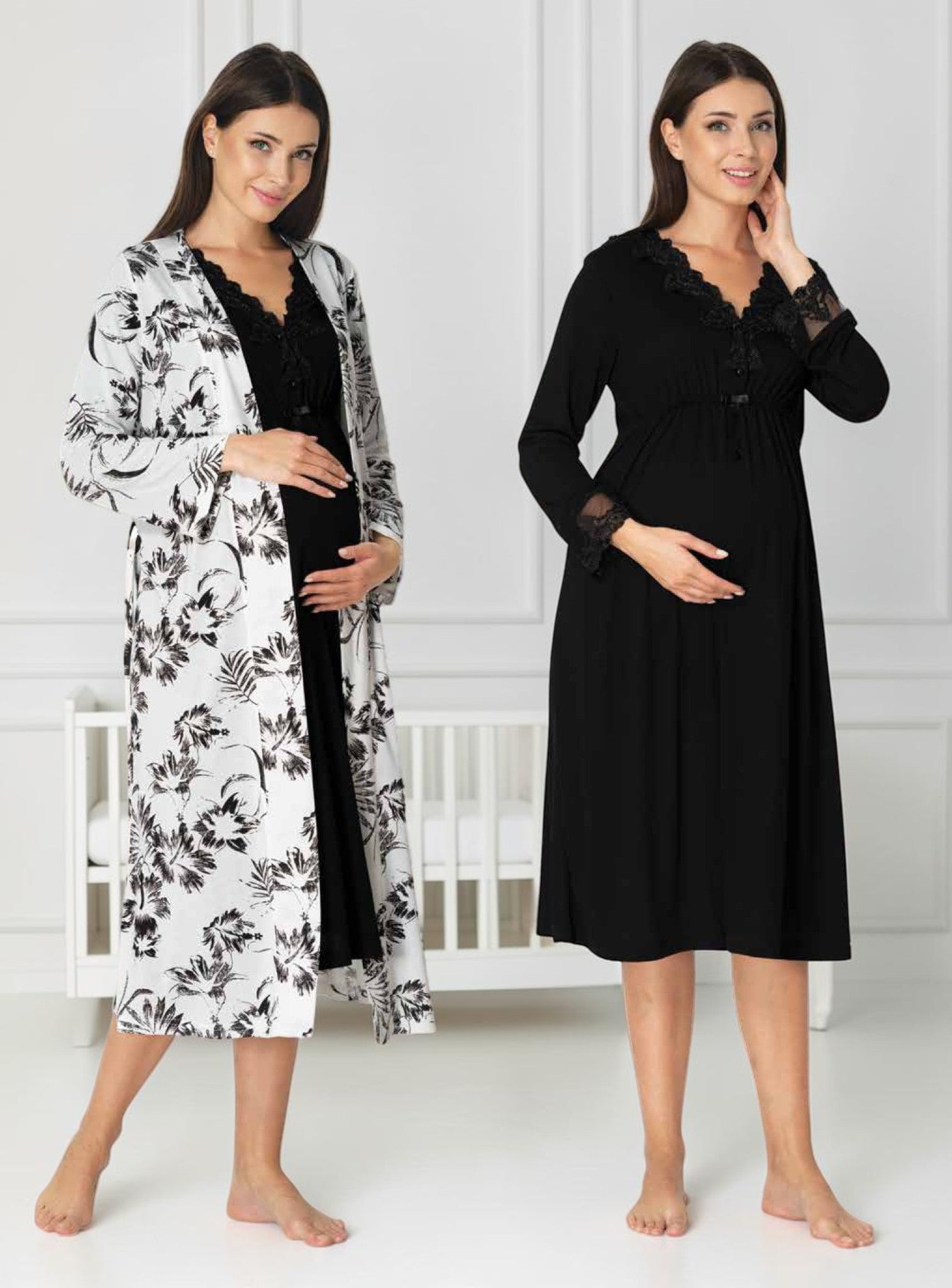 Black maternity nightie and robe set by Mini Plum – nursing maternity nightwear, breastfeeding button-down, hospital bag & baby shower gift