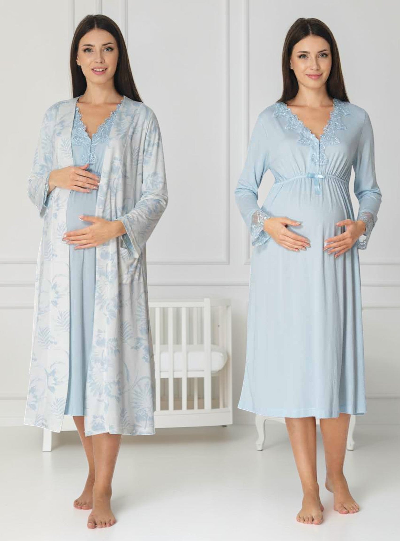Blue maternity nightie and robe set by Mini Plum – nursing maternity nightwear, breastfeeding button-down, hospital bag & baby shower gift