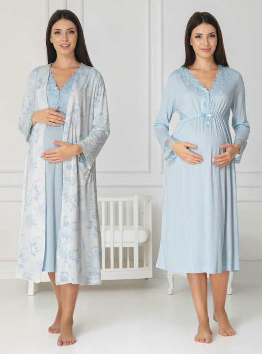 Blue maternity nightie and robe set by Mini Plum, floral robe lace nightie – nursing & breastfeeding nightwear, postpartum, hospital bag ready
