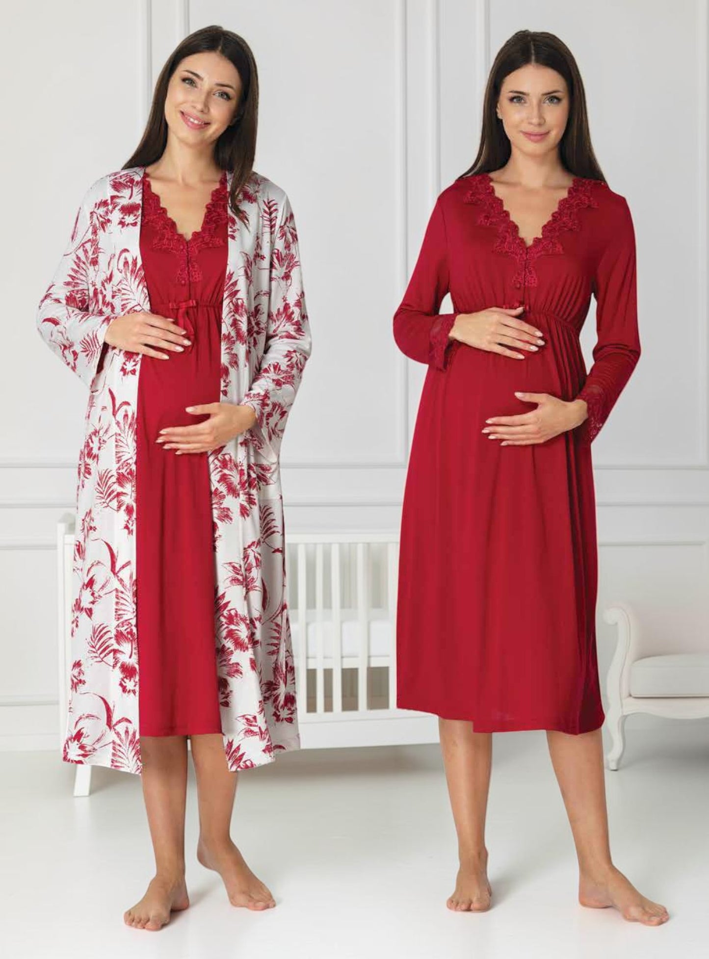 Cherry Red maternity nightie and robe set by Mini Plum – nursing maternity nightwear, breastfeeding button-down, hospital bag & baby shower gift