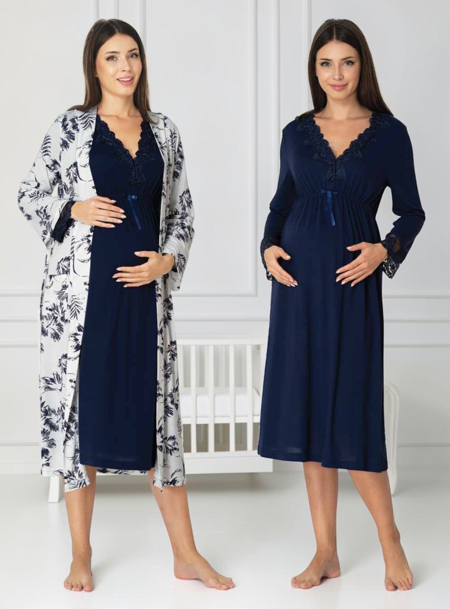 Navy maternity nightie and robe set by Mini Plum – nursing maternity nightwear, breastfeeding button-down, hospital bag & baby shower gift
