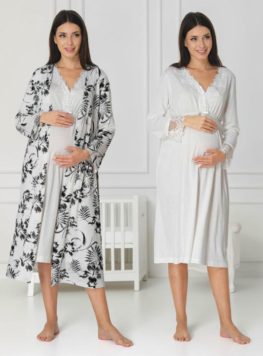 White maternity nightie and robe set by Mini Plum, floral robe lace nightie – nursing & breastfeeding nightwear, postpartum, hospital bag ready