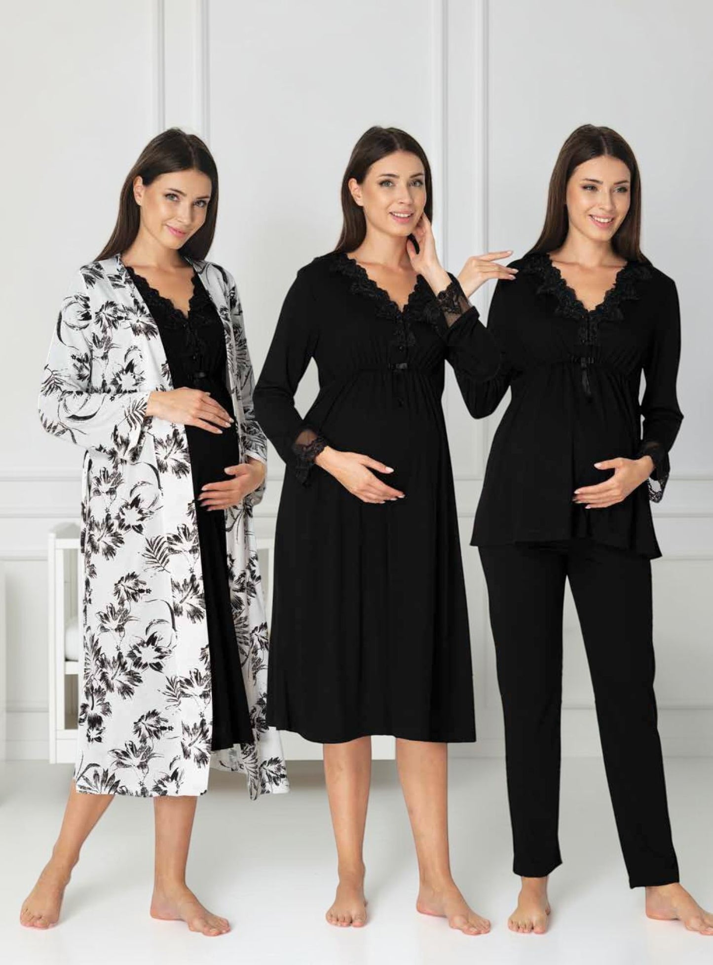 Black 4-piece maternity set by Mini Plum – nursing maternity nightwear, breastfeeding button-down, hospital bag & baby shower gift