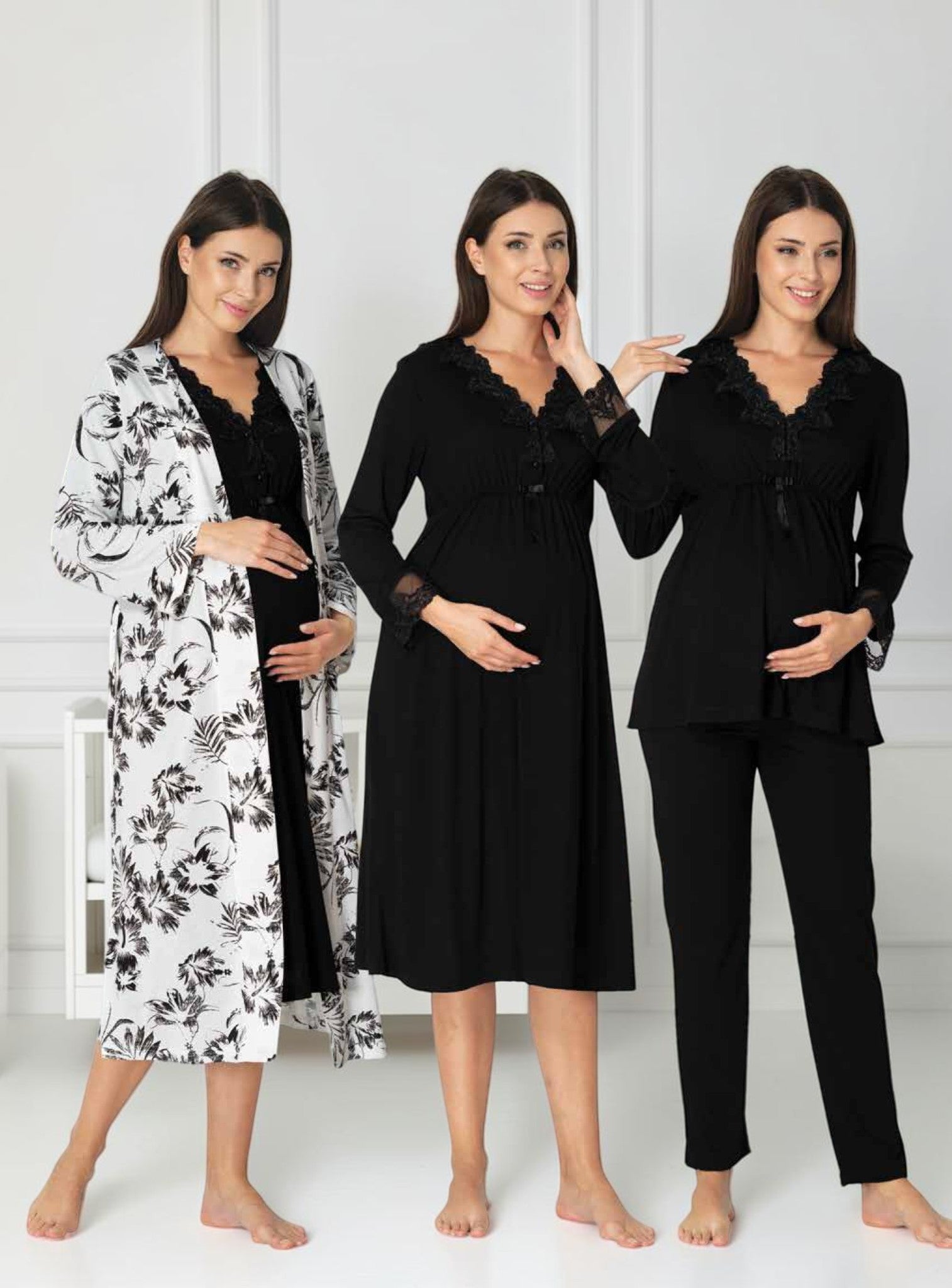 Black 4-piece maternity set by Mini Plum – nursing maternity nightwear, breastfeeding button-down, hospital bag & baby shower gift
