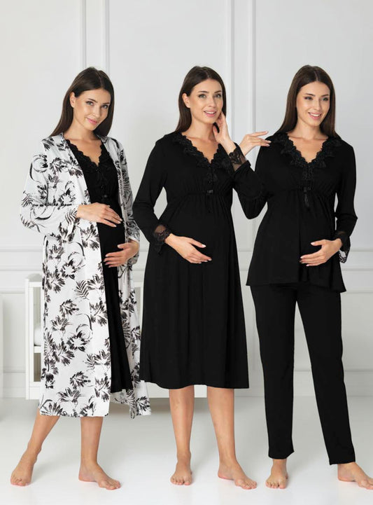 Black 4-piece maternity set by Mini Plum, floral lace 4-piece – nursing & breastfeeding nightwear, postpartum, hospital bag ready